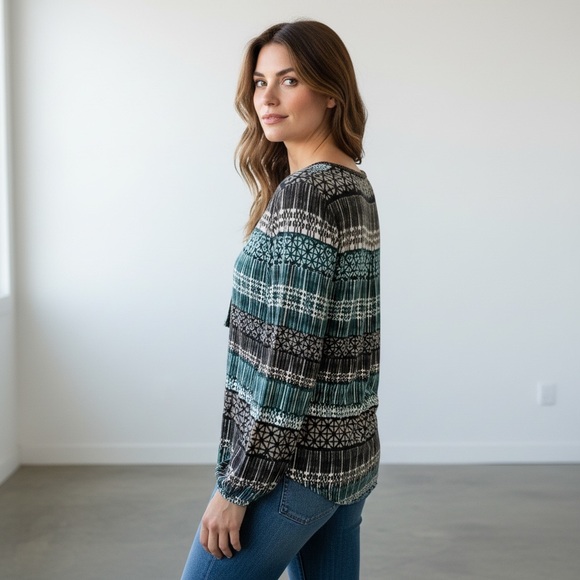 Rose & Olive Women's Green Brown Boho Tunic Top Shirt Paisley Tassels Size M - Picture 3 of 11